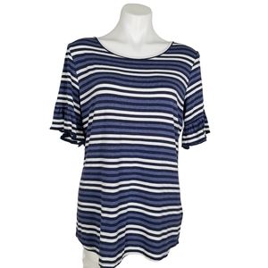 Everett Bleu Blue Striped Ruffle Sleeve Tee Shirt Size Large, EUC
